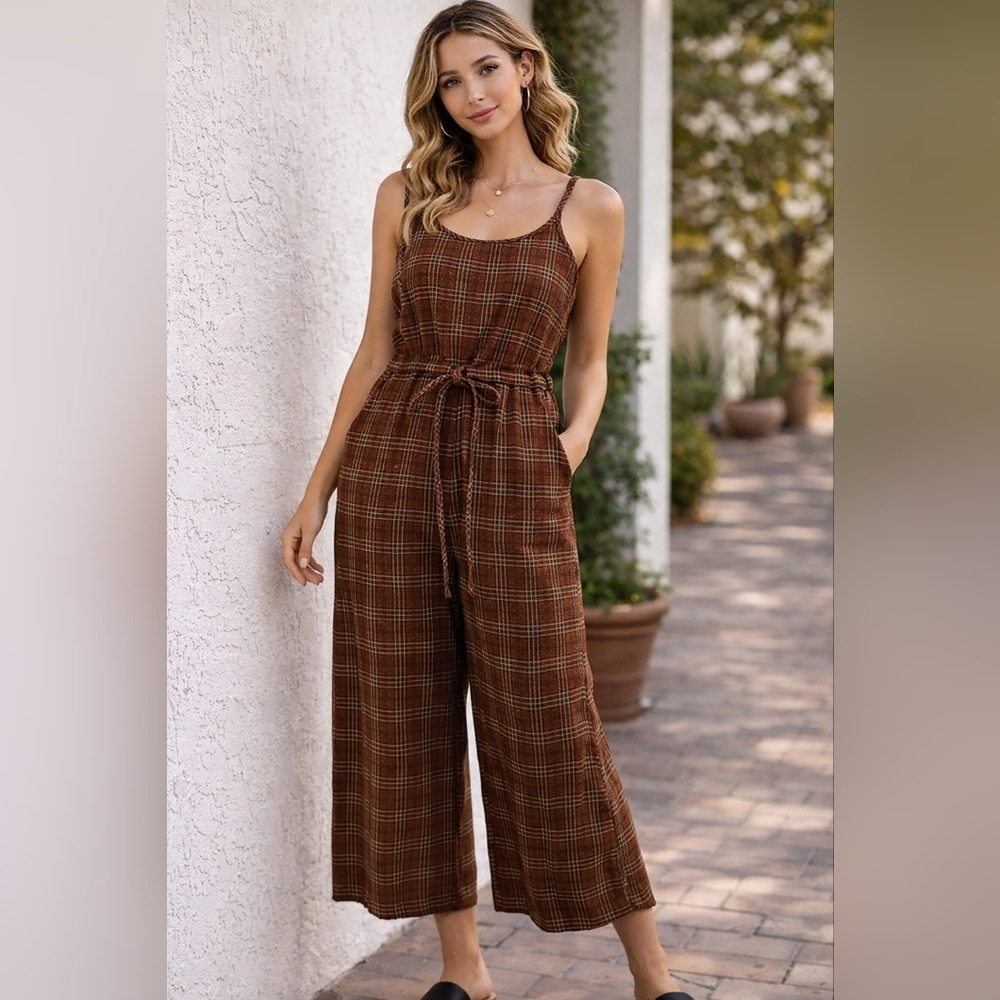 Hayden Plaid Jumpsuit Brown Wide Leg Tie Waist Boho Fall Small